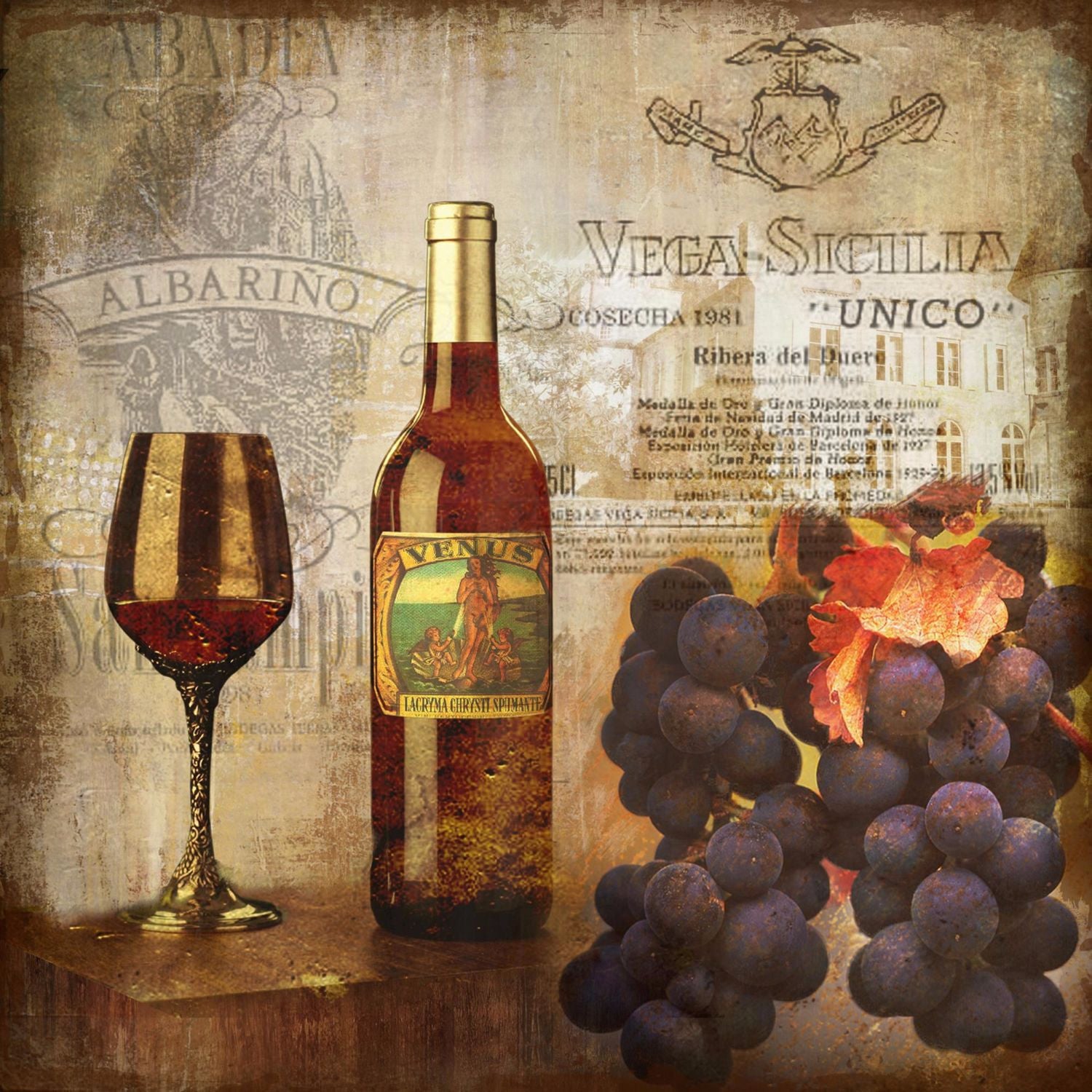 Wine And Grapes Vintage Art - Canvas Prints by Hitesh Tulsani