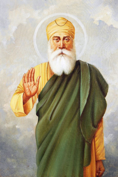 Guru Nanak Dev Nimbate with Hand Raised in Blessing - Indian Sikhism Art Painting - Art Prints