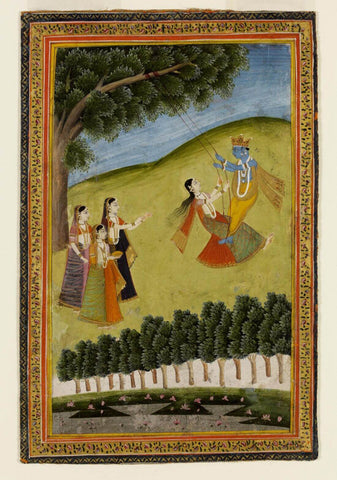 Krishna and Radha on a Swing with Attended Maids - Pahari Painting - Indian Miniature Art by Krishna Artworks