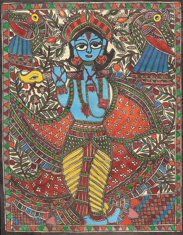 Indian Miniature Art - Madhubani Painting - Lord Krishna - Framed Prints