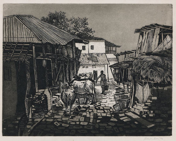 Khataal (Cow Shed) - Haren Das Etching - Indian Art Painting - Posters