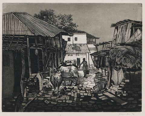 Khataal (Cow Shed) - Haren Das Etching - Indian Art Painting - Posters