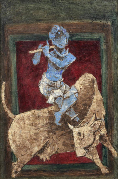 Krishna Atop Nandini Cow - Maqbool Fida Husain Painting - Canvas Prints