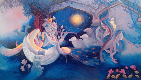 Krishna with Radha Playing Flute - Canvas Prints by Raghuraman
