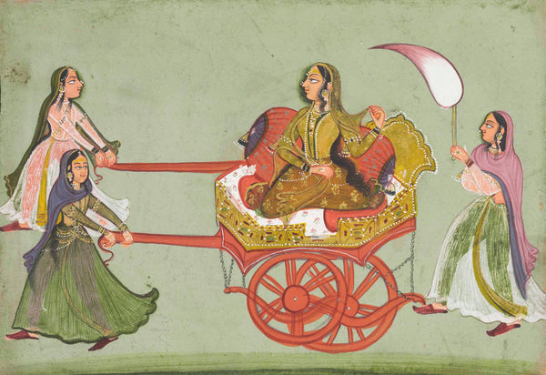 Lady In A Chariot - Bundi School - C.1780 - Vintage Indian Miniature Art Painting - Framed Prints