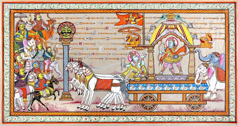 Lord Krishna Gita Upadesh to Arjuna In The Battlefield At Kurukshetra In Mahabharat - Patachitra Painting - Indian Folk Art - Life Size Posters by Pichwai Art