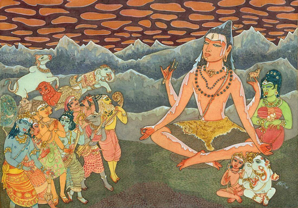 Lord Shiva And His Family With Worshippers - Indian Spiritual Religious Art Painting - Posters