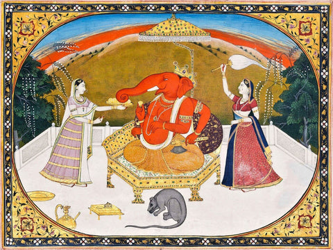 Lord Ganesh With Devotees - 19th Century - Indian Vintage Miniature Painting - Canvas Prints by Raghuraman
