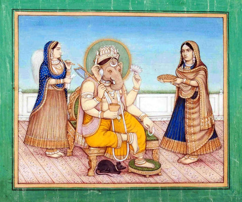 Lord Ganesha With Devotees - Delhi School - 19 Century Indian Vintage Miniature Painting - Canvas Prints by Raghuraman