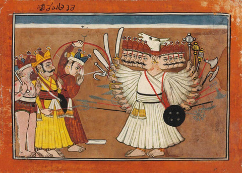 Lord Rama battles Ravana - Rajput Painting - Mandi - 18 Century Vintage Indian Miniature Art From Ramayana - Canvas Prints by Kritanta Vala