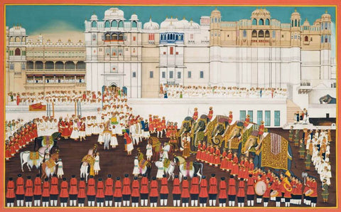 Maharana Bhupal Singh Inspecting The Royal Horses And Elephants At Dassehra - C.1939 - Vintage Indian Miniature Art Painting - Art Prints