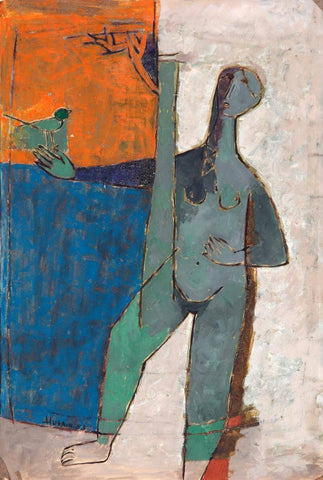 Man With Bird - M F Husain - Figurative Painting - Life Size Posters by M F Husain