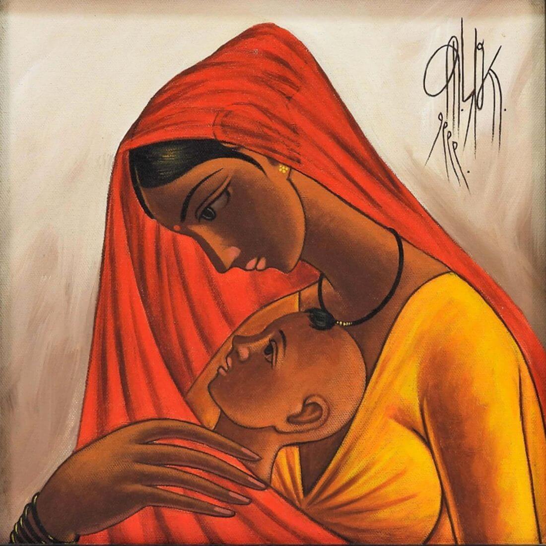 Mother And Child - B Prabha Indian Art Painting - Framed Prints by ...