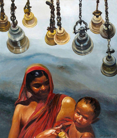 Mother And Child - Bikas Bhattacharji - Indian Contemporary Art Painting - Life Size Posters by Bikash Bhattacharjee