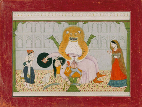 Narasimha Kills Hiranyakashipu On The Threshold Of His Palace - C. 1775 - C. 1790- Vintage Indian Miniature Art Painting - Large Art Prints by Miniature Vintage