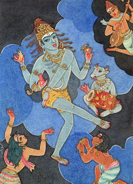 Natraj Lord Shiva Dancing With Nandi - Indian Spiritual Religious Art Painting - Posters