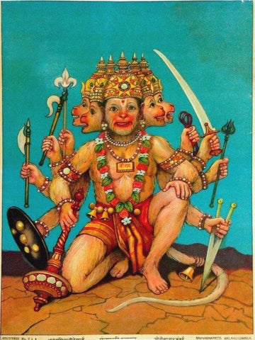 Panchmukhi (5-Headed) Hanuman - Raja Ravi Varma Press Lithograph - Vintage Indian Ramayana Print - Canvas Prints by Raja Ravi Varma