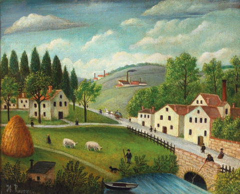 Pastoral Landscape with Stream Fisherman and Strollers - Henri Rousseau - Posters by Henri Rousseau