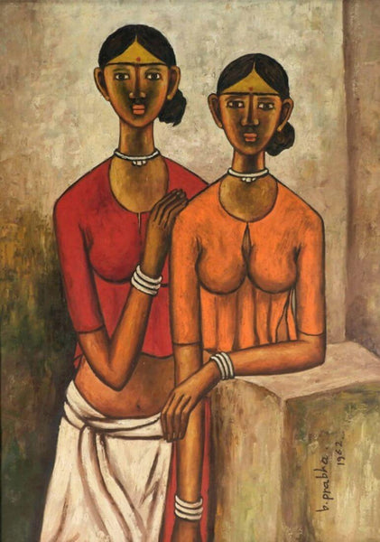 Portrait Of Two Girls - B Prabha - Indian Art Painting (SMALL ONLY) - Framed Prints