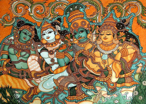 Radha And Krishna With Gopis - Kerala Mural Art Painting - Life Size Posters