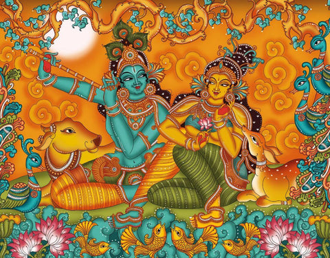 Radha Krishna - Kerala Mural Painting - Indian Folk Art - Life Size Posters by Pichwai Art