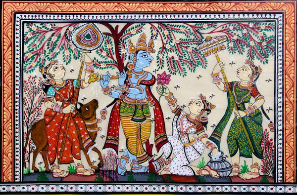 Radha Krishna With Gopis- Pattachitra Painting - Indian Folk Art - Canvas Prints