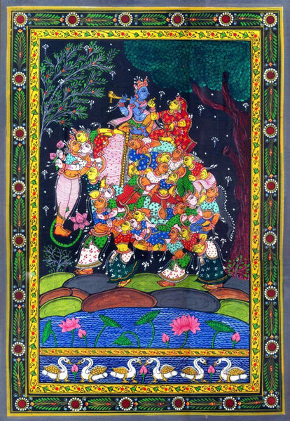 Radha Krishna on Elephant Made of Lady Figures (Nari Kunjar) - Madhubani Painting - Posters