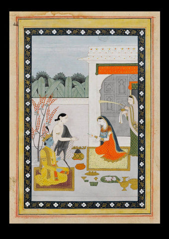 Radha offering Pan to Krishna and Balarama - Guler School c1820 - Indian Miniature Painting - Framed Prints