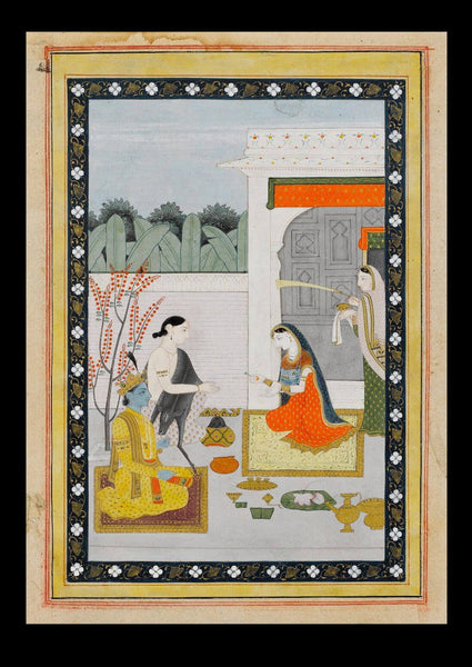 Radha offering Pan to Krishna and Balarama - Guler School c1820 - Indian Miniature Painting - Life Size Posters