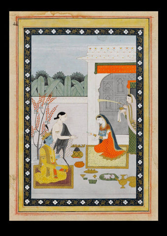 Radha offering Pan to Krishna and Balarama - Guler School c1820 - Indian Miniature Painting - Life Size Posters