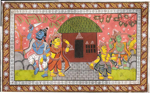 Rajasthani Painting - Ravan Abducts Sita While Ram And Lakshman Go After The Golden Deer - Canvas Prints by Raghuraman