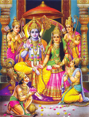 Ram Darbar Pattabhishekam - Ram Laxman Sita and Hanuman - Ramayan Art Painting Poster - Canvas Prints by Kritanta Vala