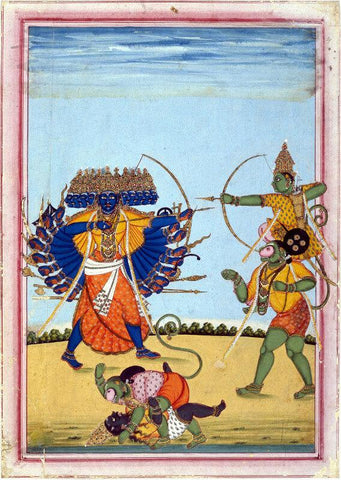 Rama And Hanuman Fighting Ravana c1820 - Thanjavur Style - Vintage Indian Miniature Ramayan Painting - Canvas Prints by Kritanta Vala