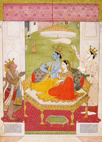 Rama And Sita Enthroned With Lakshmana And Hanuman, Pahari, Guler, circa 1800-15 - Indian Miniature Painting From Ramayan - Vintage Indian Art - Canvas Prints by Kritanta Vala