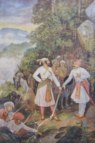 Shivaji Maharaj and Baji Prabhu at Pawan_Khind - M V Dhurandhar - Indian Masters Painting - Canvas Prints by M. V. Dhurandhar