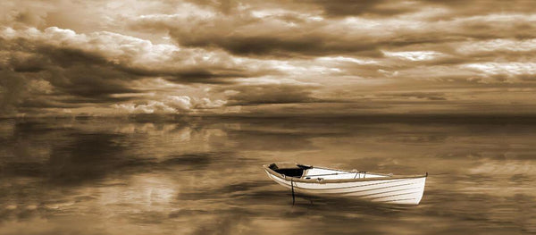 Solitude - Calm Ocean With Boat in Sepia - Framed Prints