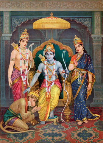 Sree Raghunandan - Ram Laxman Sita and Hanuman - Art by M V Dhurandar - Raja Ravi Varma Press Vintage Printed Oleograph Poster - Canvas Prints by M. V. Dhurandhar