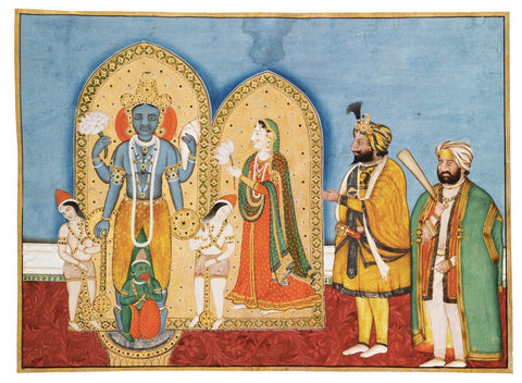 Indian Art Collection - Maharaja Gulab Singh of Jammu with a Sardar before a Vishnu Shrine - Life Size Posters by Kritanta Vala