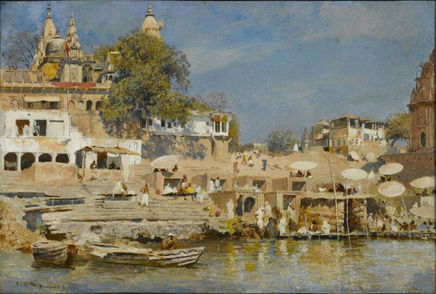 Temples And Bathing Ghat At Benares - Canvas Prints by Edwin Lord Weeks