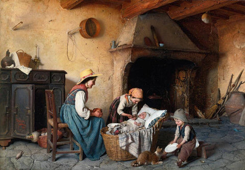 The Baby's Food - Gaetano Chierici - 19th Century European Domestic Interiors Painting - Art Prints