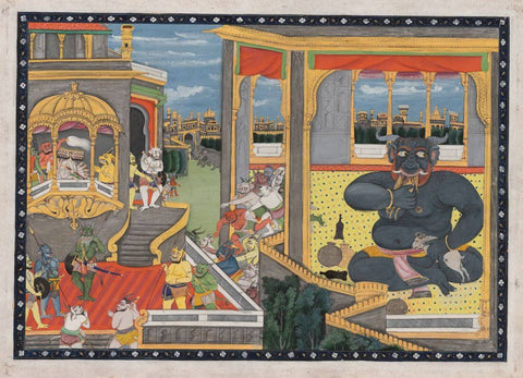 The Giant Kumbhakarna is Awakened – A Leaf from the Ramayana - Pahari Painting, Mid-19th century - Canvas Prints by Kritanta Vala