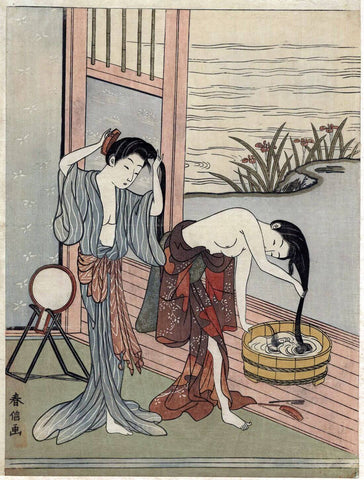 Two Women Bathing - Suzuki Harunobu - Japanese Ukiyo Woodblock Painting - Large Art Prints