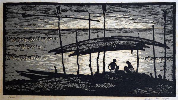 Under The Shade - Haren Das - Bengal School Art Linocut Painting - Framed Prints