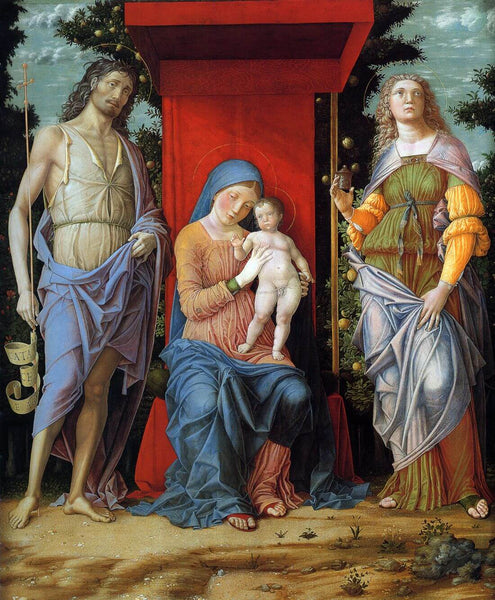 The Virgin and Child With St John The Baptist And Magdalene (La Vergine Col Bambino, San Giovanni Battista e Maddalena) – Andrea Mantegna – Christian Art Painting - Framed Prints