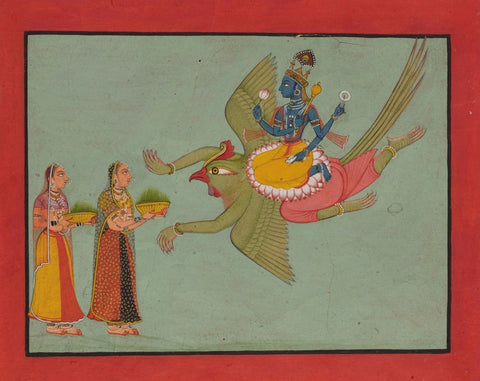 Indian Miniature Paintings - Ramayana Paintings - Vishnu on his Vehicle Garuda - Life Size Posters by Kritanta Vala