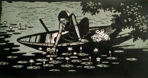 Water Lilies - Haren Das - Indian Art Linocut Painting - Canvas Prints