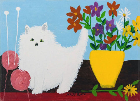 White Cat With Yarn - Maud Lewis - Canadian Folk Artist Painting - Canvas Prints by Maud Lewis