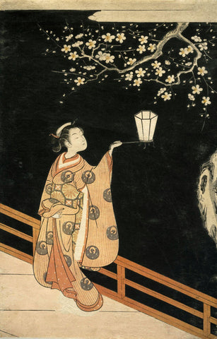 Woman Admiring Plum Blossoms at Night - Suzuki Harunobu - Japanese Nishiki Woodblock Painting - Art Prints