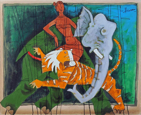 Woman And Tiger - Maqbool Fida Husain - Canvas Prints by M F Husain