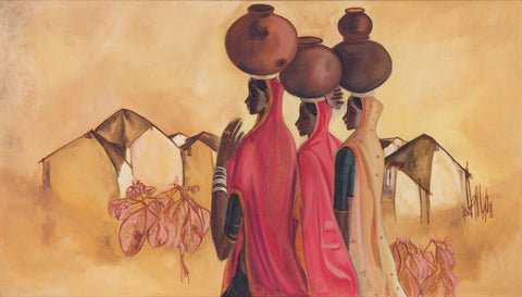 Women Carrying Water Pots - B Prabha - Indian Painting - Canvas Prints by B. Prabha